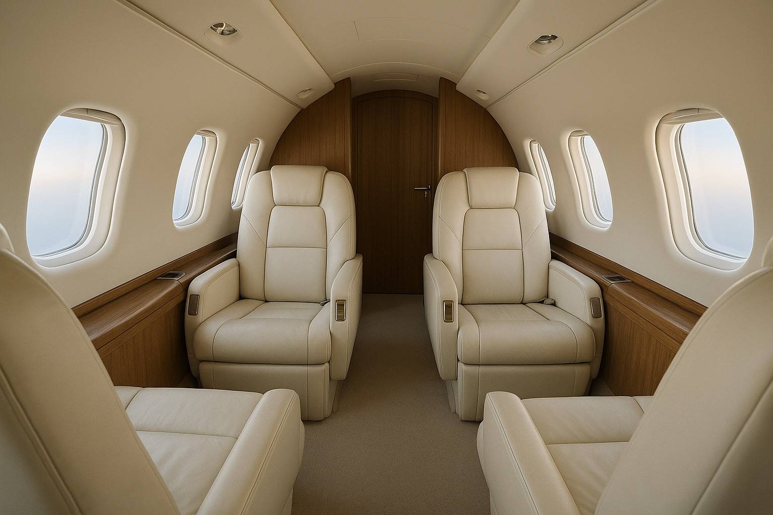 Private jet cabin with four cream leather seats