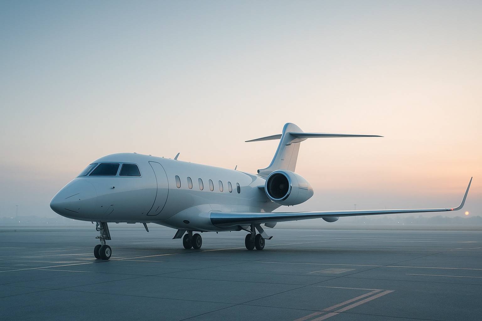 Midsize business jet parked on a dawn apron